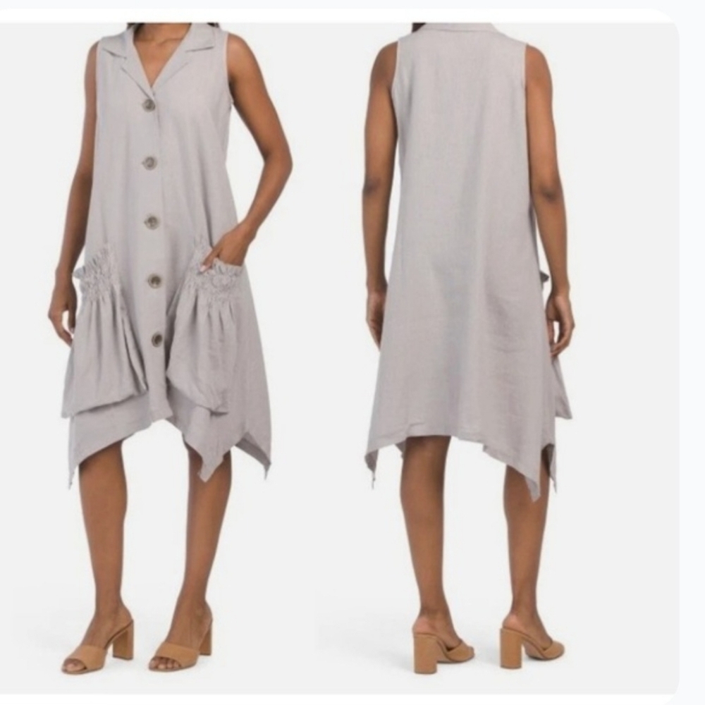 For Cynthia Sleeveless Asymmetrical Dress Gray Size Medium Linen Blend Lagenlook